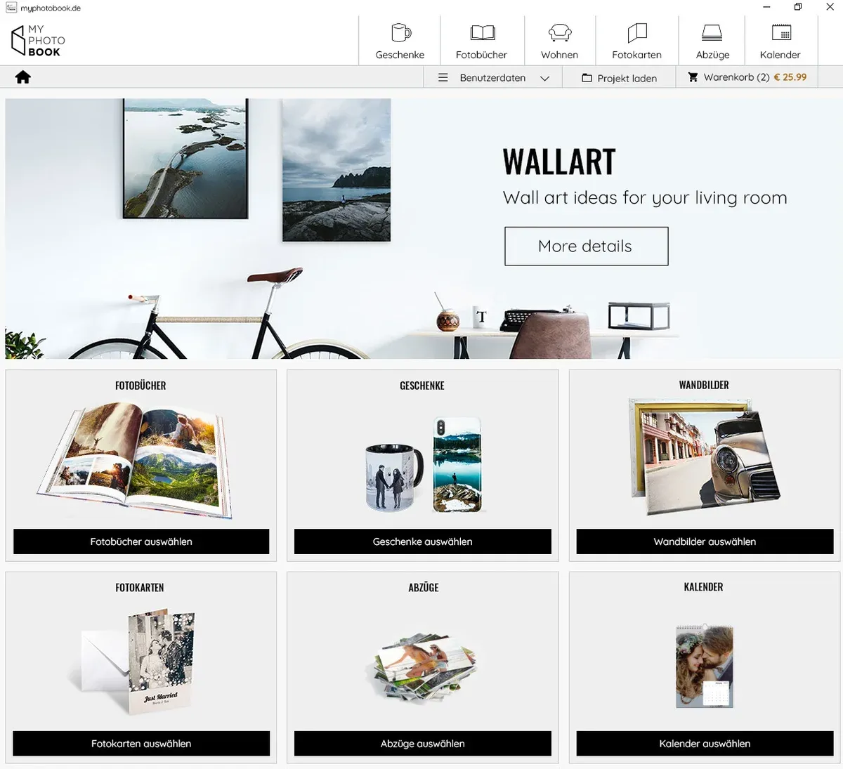 Selection of photo products in the software