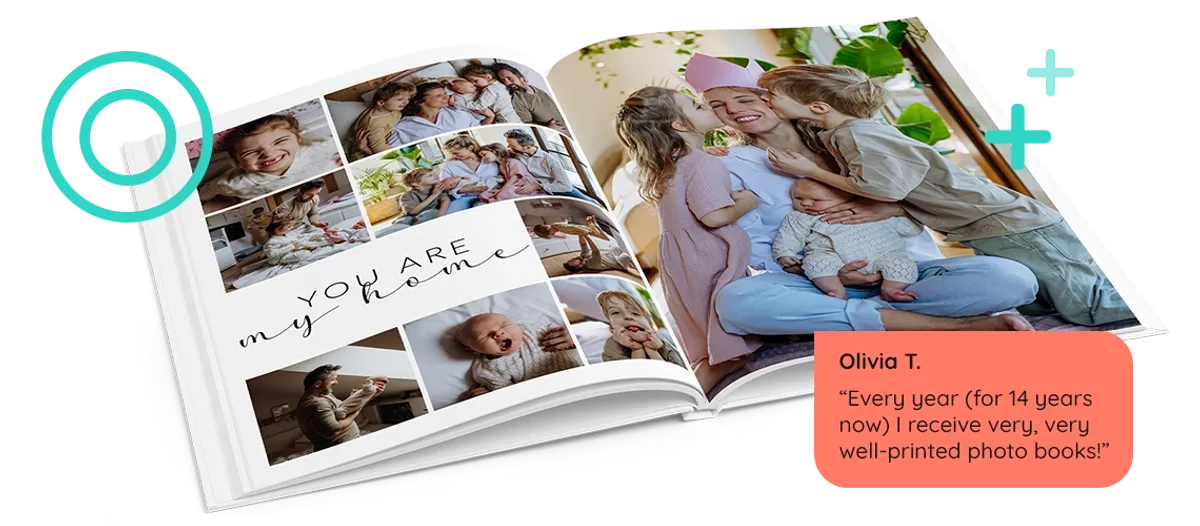 Open A4 portrait hardcover photo book with family photos, placed behind a customer review