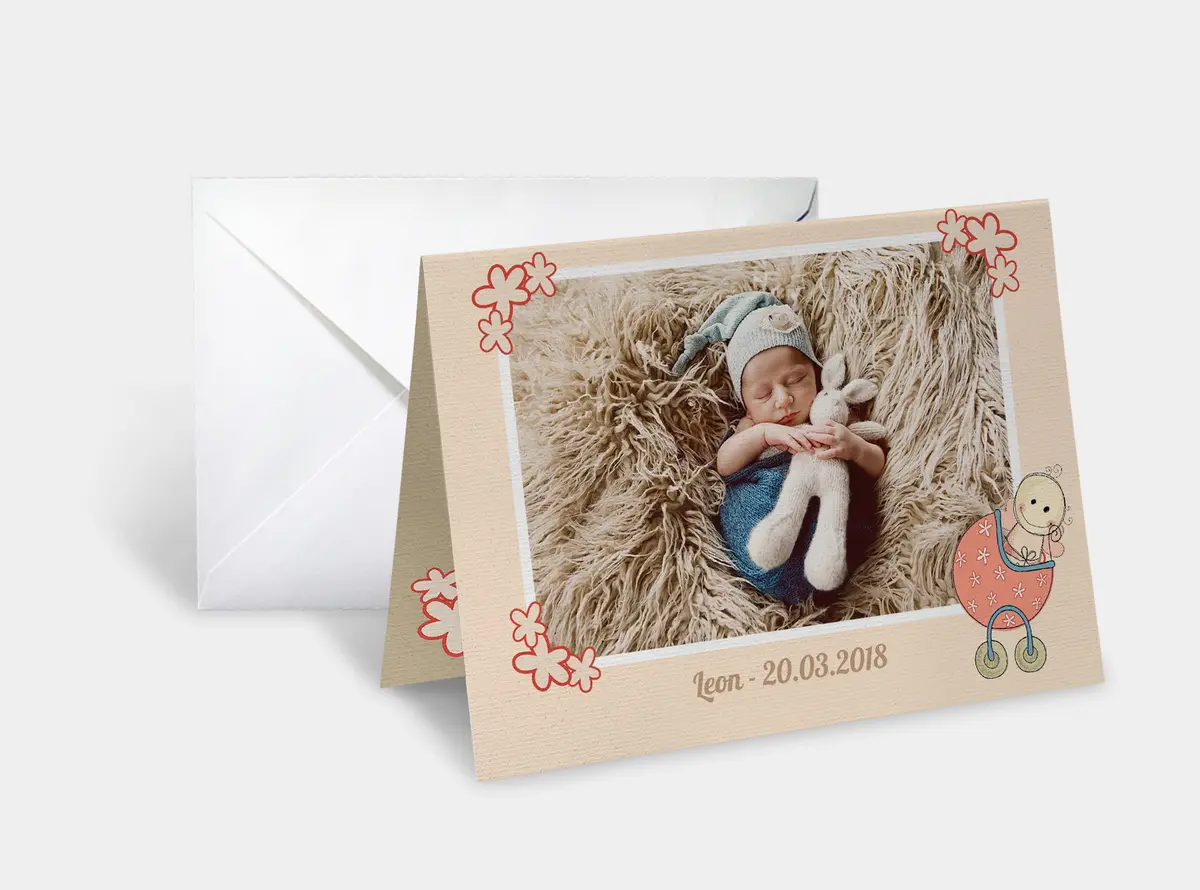 Klappkarte quer auf Strukturpapier mit Babyfoto